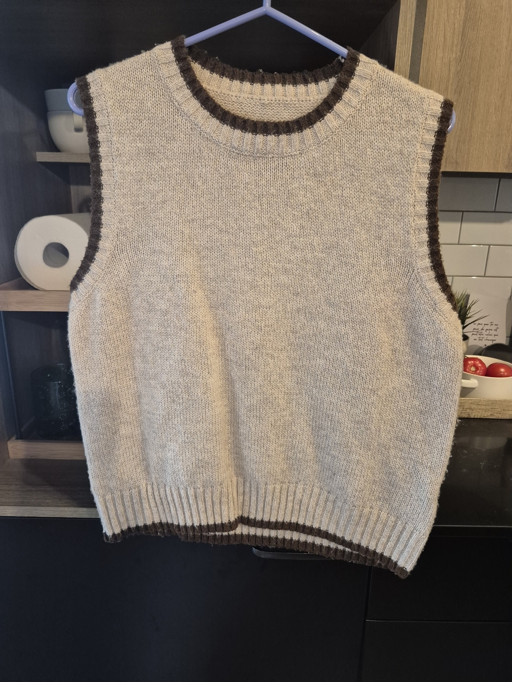 SHEIN Cream Knit Sleeveless Sweater Vest with Brown Trim - Picture 1 of 3